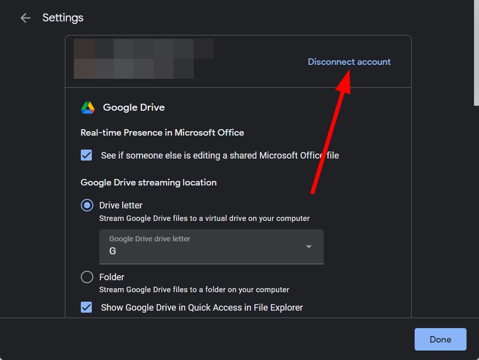 Опция отключить аккаунт в Google Drive