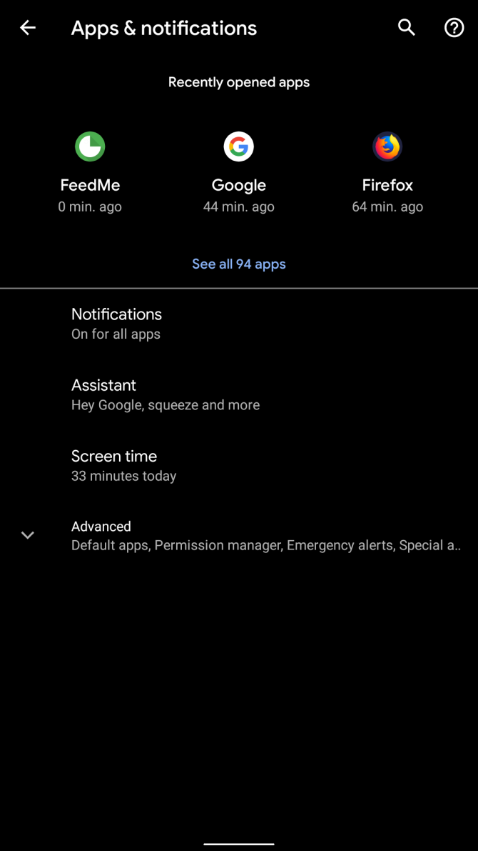Меню настроек в Android 10
