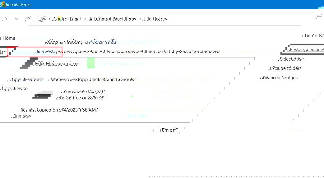 Кнопка Восстановить личные файлы в Истории файлов