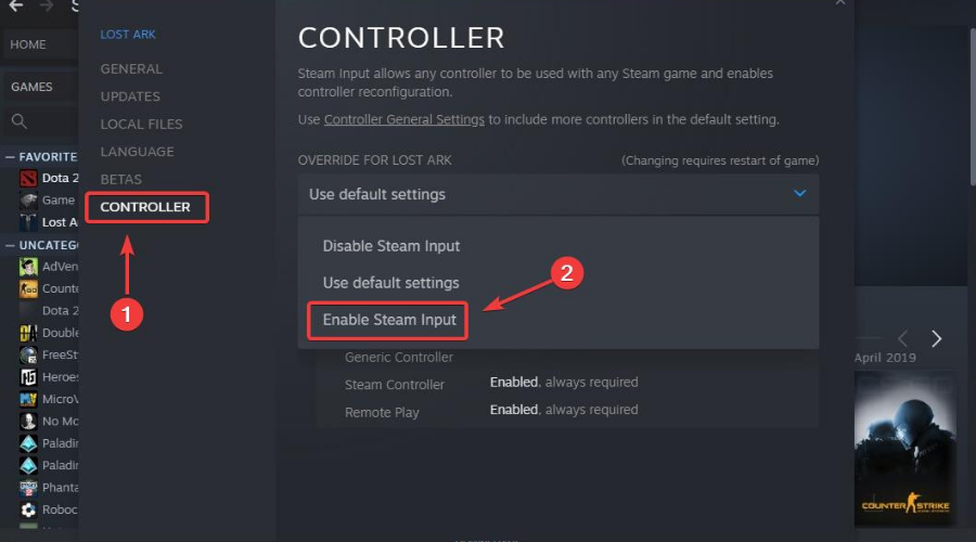Opzione Abilita Steam Input nelle impostazioni controller di Steam