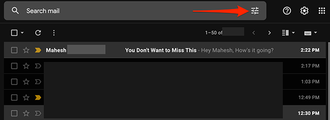 Иконка «Показать параметры поиска» в Gmail