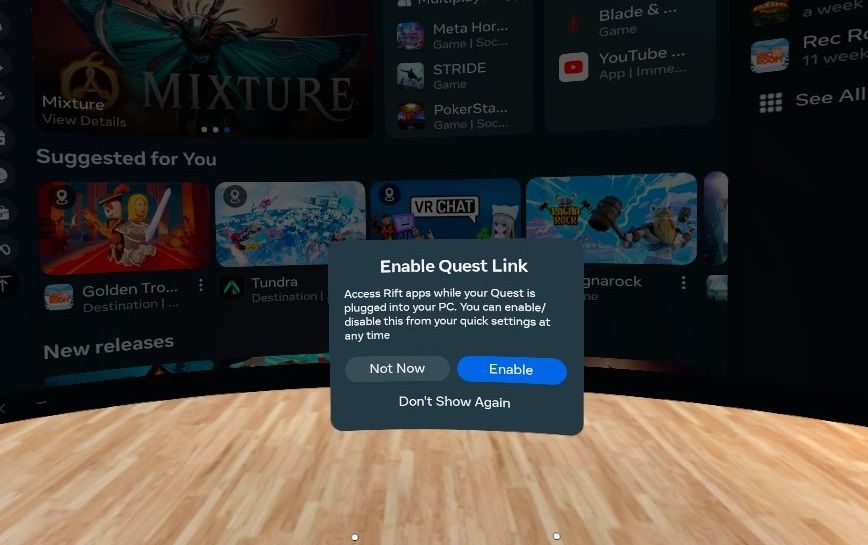 Подтвердите включение Oculus Link в шлеме Quest 2