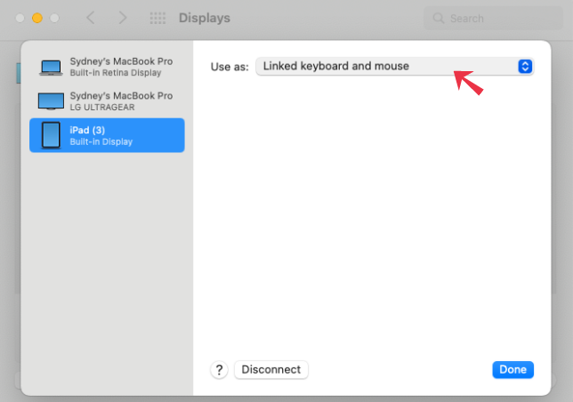 Опция «Использовать iPad как» в настройках дисплеев macOS