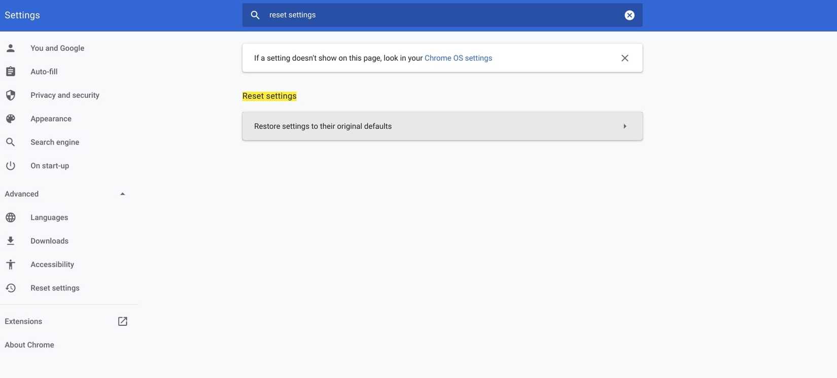 Окно настроек Chrome