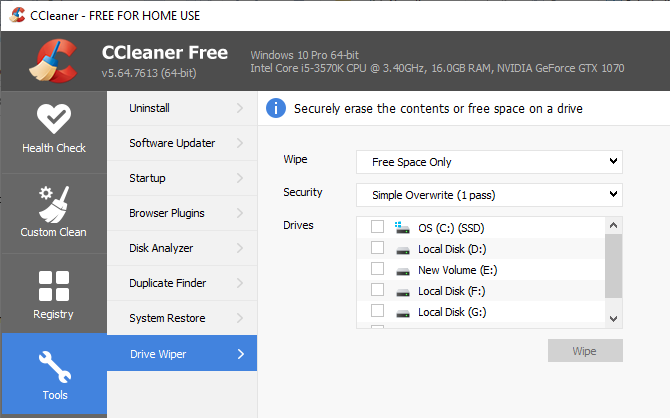 Опция очистки диска в CCleaner