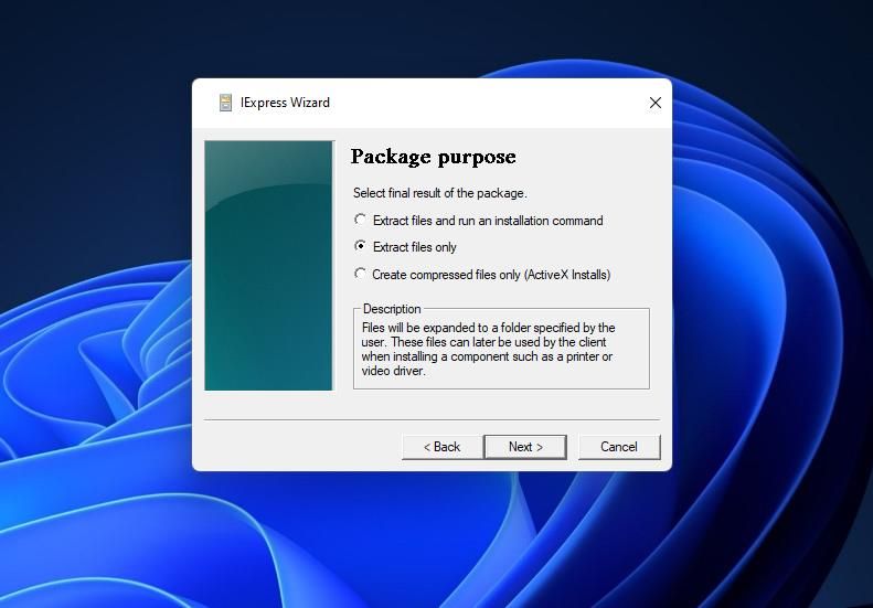 Опция «Только извлечь файлы» в IExpress