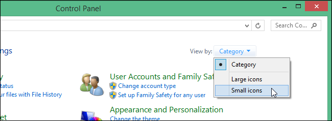Просмотр значков в Панели управления