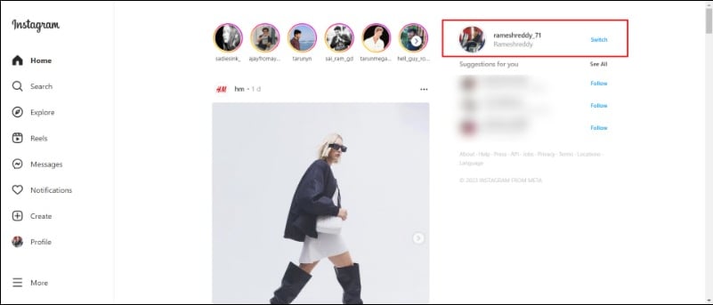 Главная страница Instagram в веб-браузере