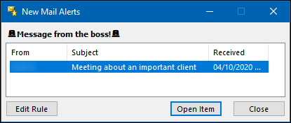 Пример всплывающего оповещения New Email Alert с пользовательским текстом.
