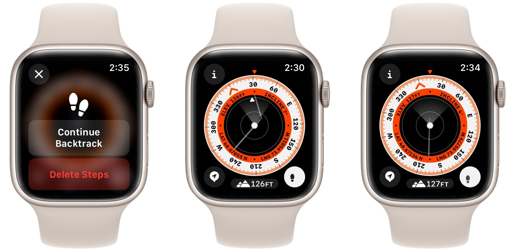 Экран «Компас» на Apple Watch: меню паузы Backtrack, прогресс и финиш