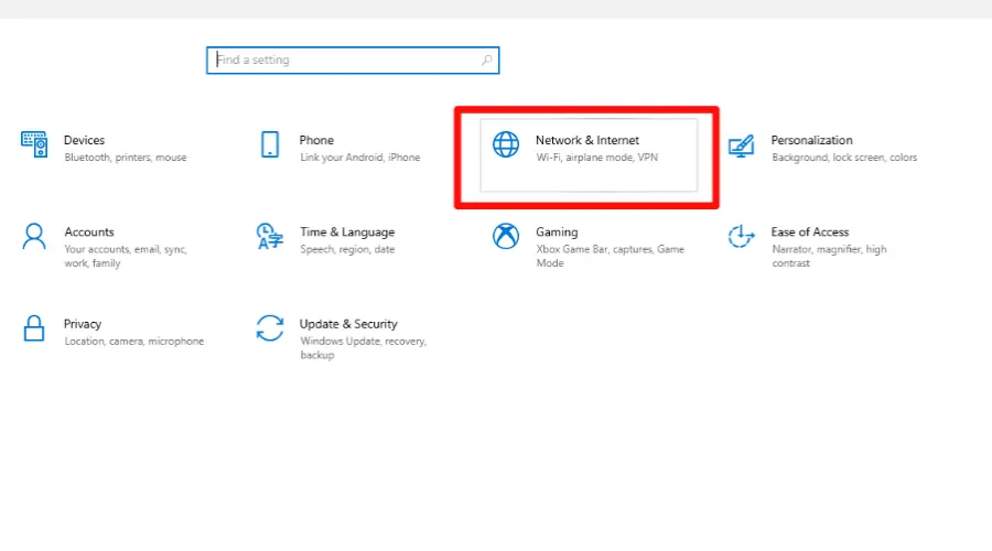 Schermata Impostazioni Rete e Internet in Windows