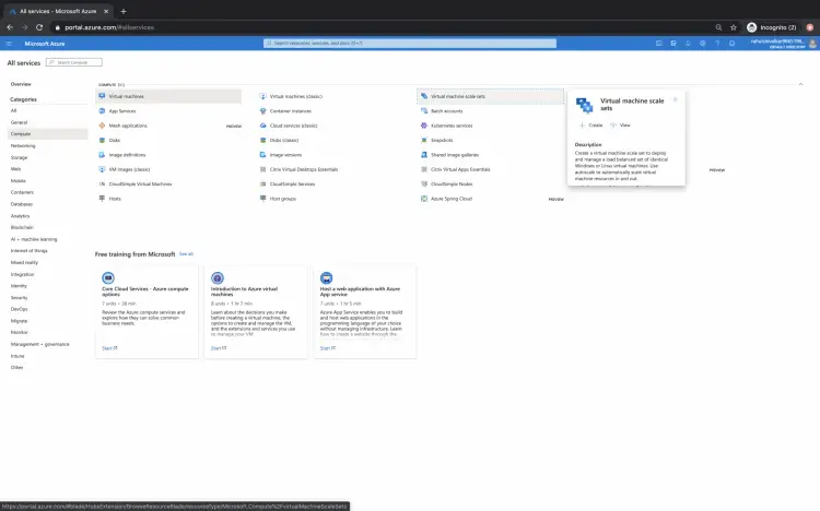 Сервис Virtual Machine Scale Set в разделе Compute