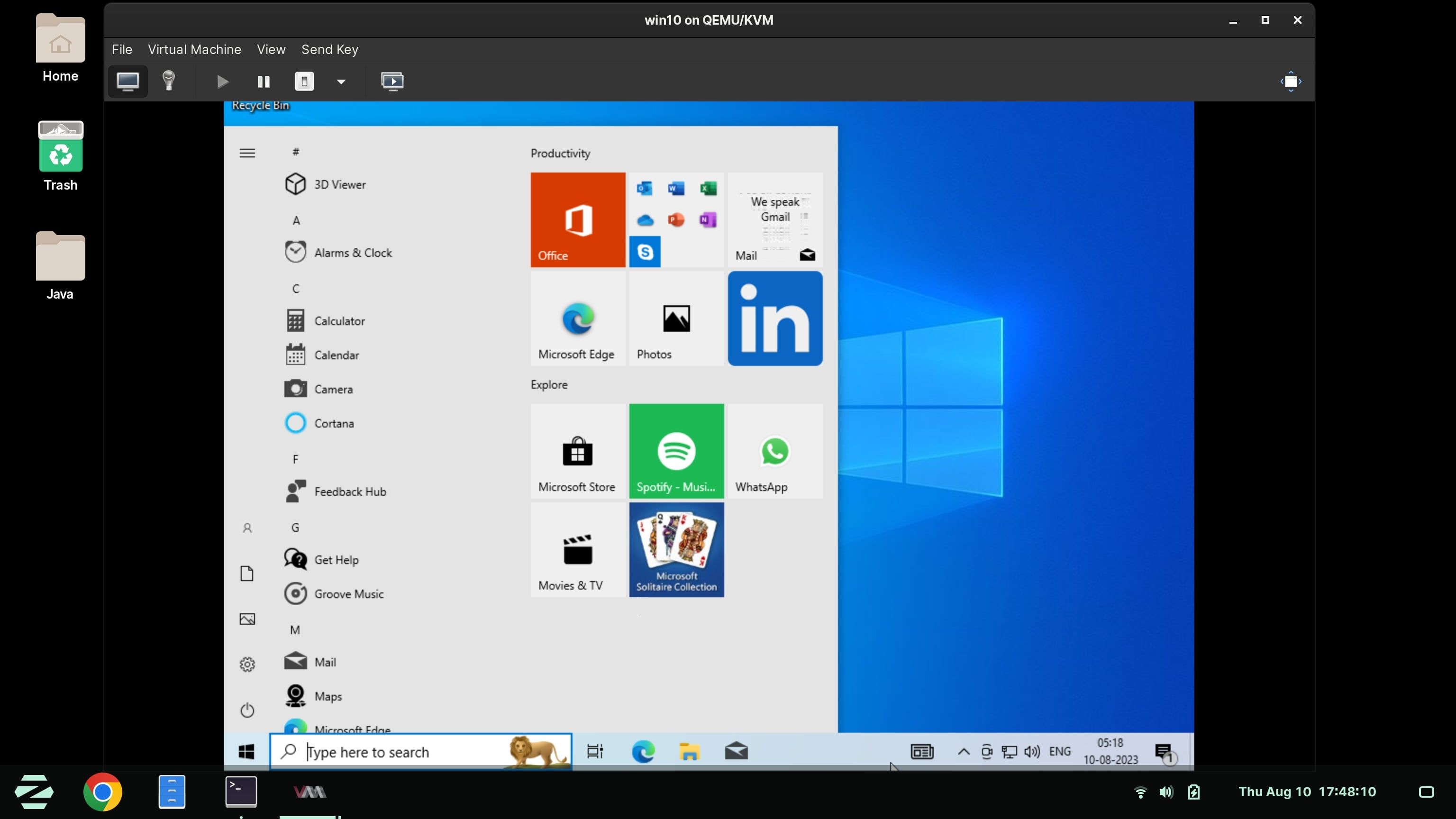 Рабочий стол Windows, запущенный внутри KVM