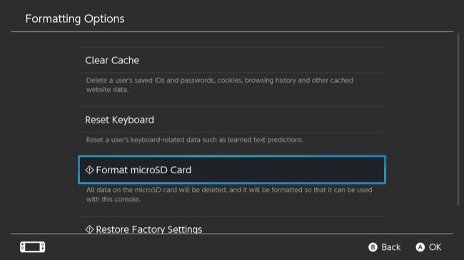 Опция форматирования microSD на Nintendo Switch