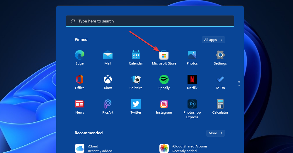 Меню Пуск Windows 11 с выделенной плиткой Microsoft Store