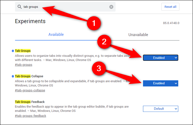 Найдите параметр группы вкладок и включите Tab Groups и Tab Groups Collapse