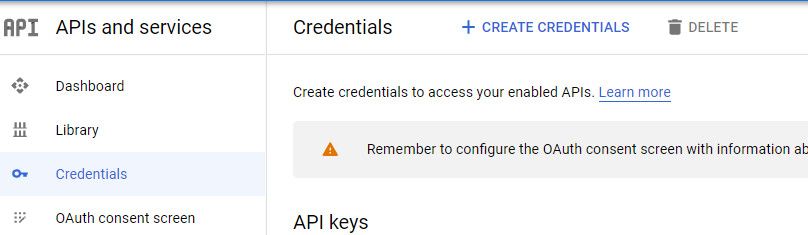 Создание учетных данных в Google API
