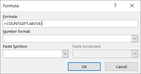Формула для подсчёта слева и сверху