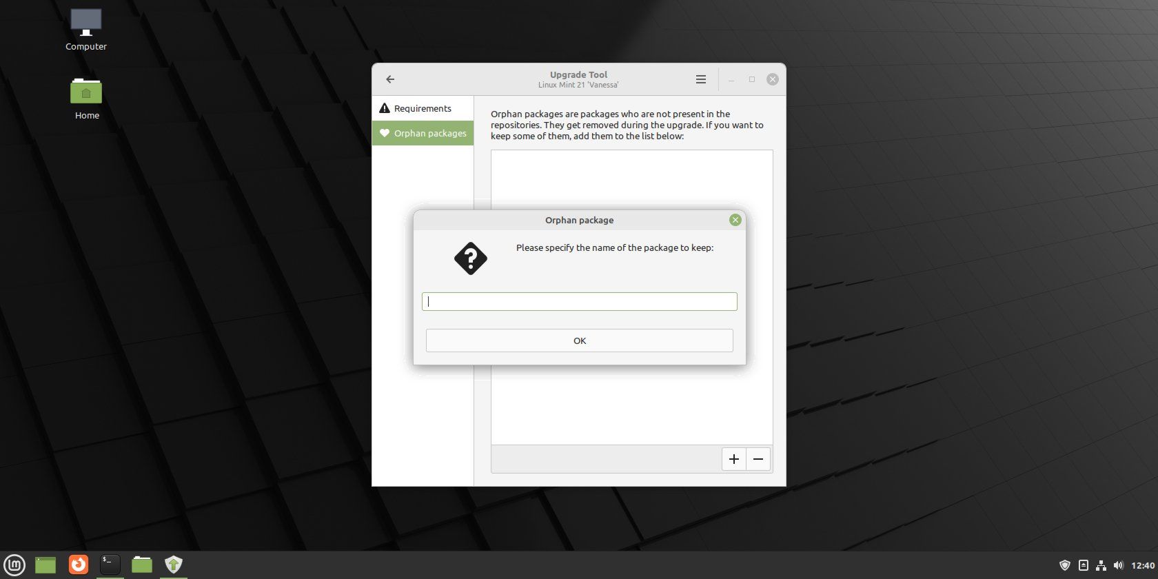 Экран параметров осиротевших пакетов и окно сохранения пакета.
