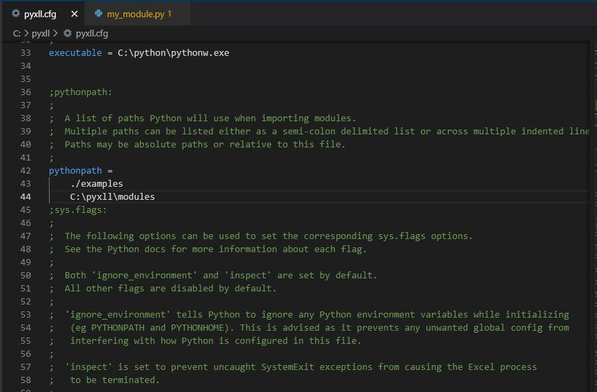 Список папок pythonpath в конфигурации PyXLL