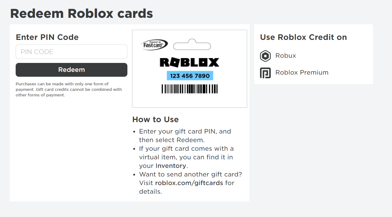 Страница активации подарочных карт Roblox в браузере