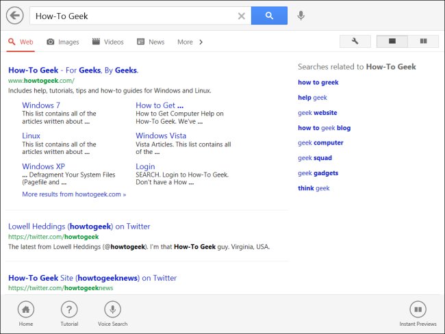 Экран приложения Google Search в интерфейсе Windows 8