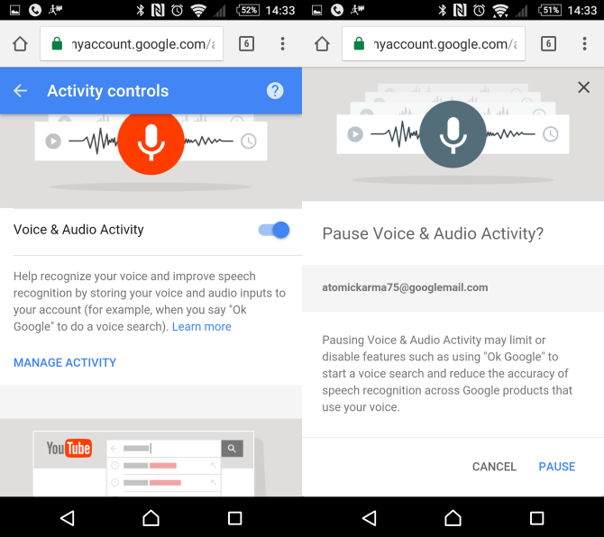 Параметр приостановки записи голосовой активности в Google