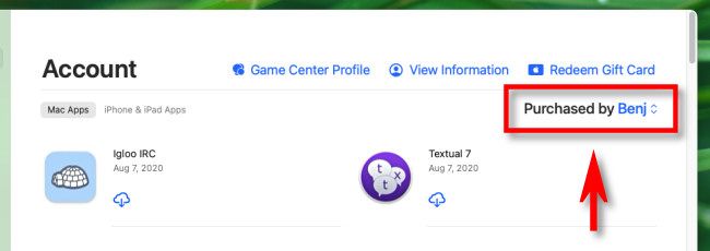 Найдите и щёлкните меню «Приобретено» в Mac App Store