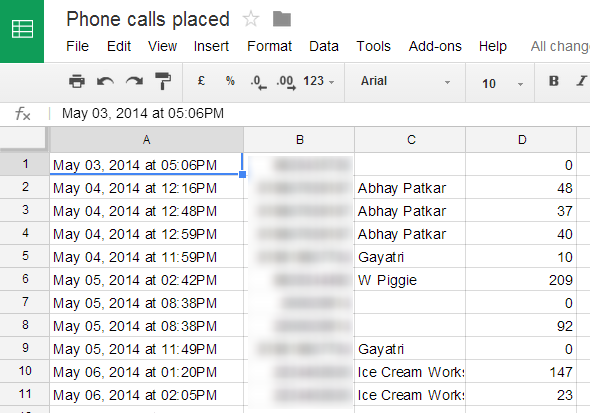 Скриншот: пример таблицы с журналом звонков