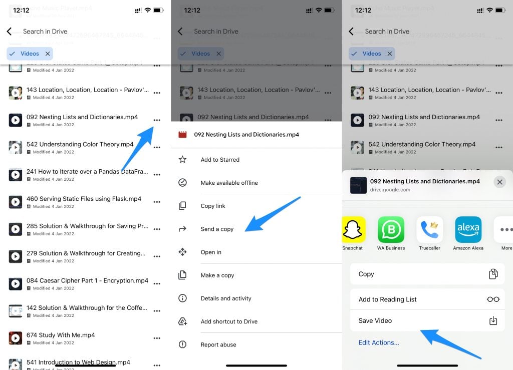 GoogleドライブからiPhoneへ動画を保存する画面（共有メニュー）