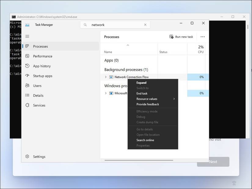 Диспетчер задач с процессом Network Connection Flow
