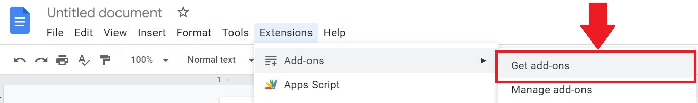 Меню Расширения в Google Docs, пункт установки надстроек