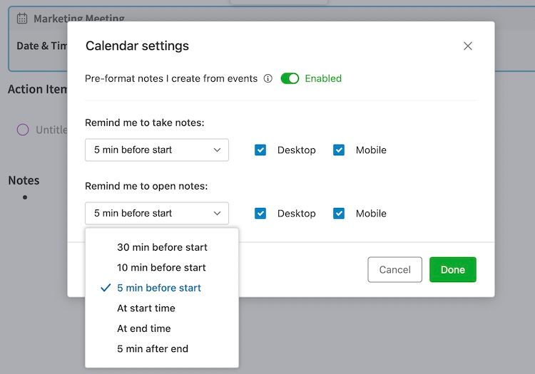 Скриншот: настройка напоминания в календаре Evernote