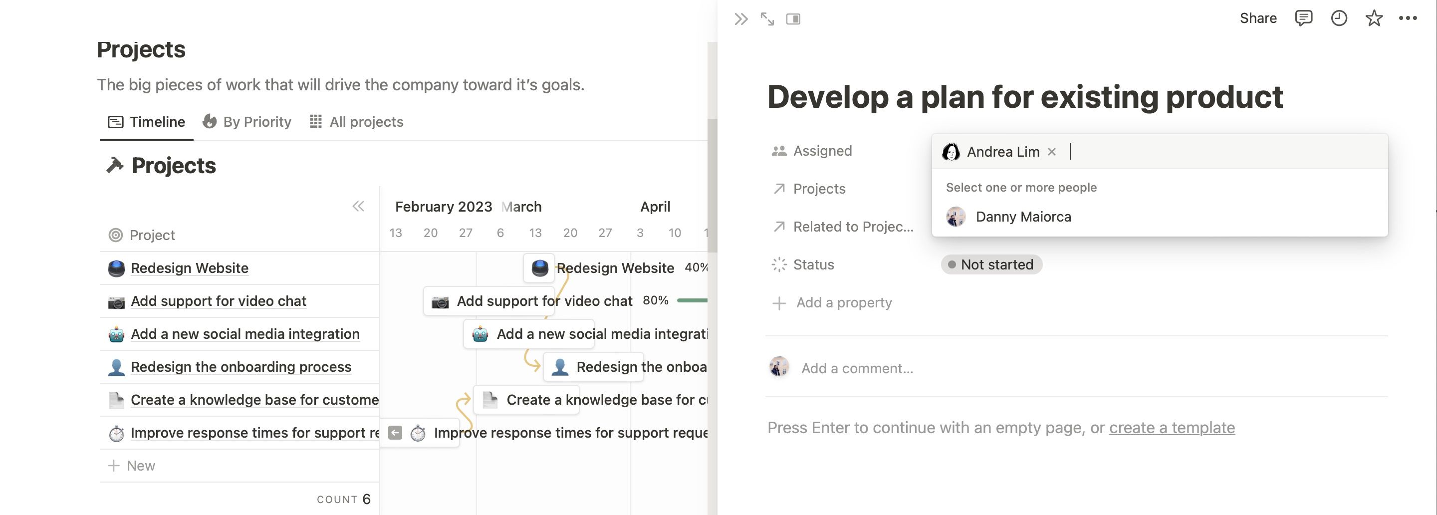 Делегирование подзадачи в диаграмме Ганта Notion