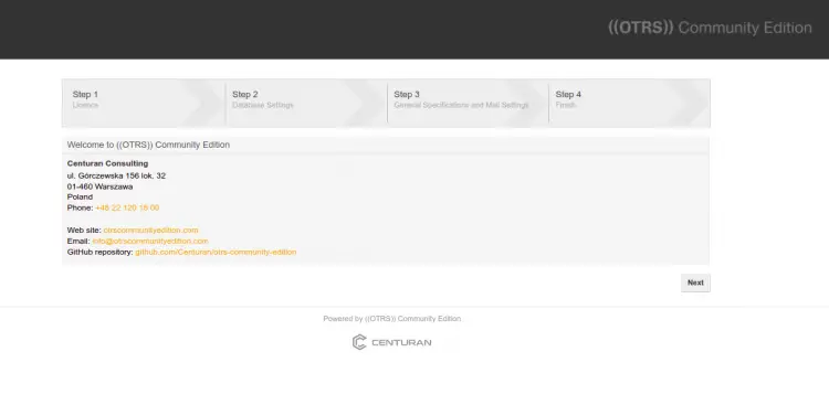 Экран установщика OTRS: приветствие и кнопка «Next»