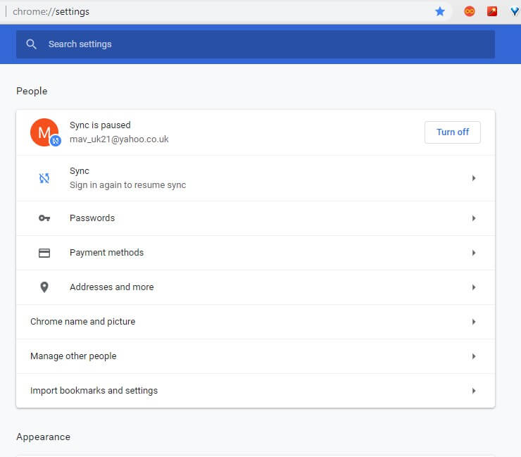 Вкладка настроек Chrome