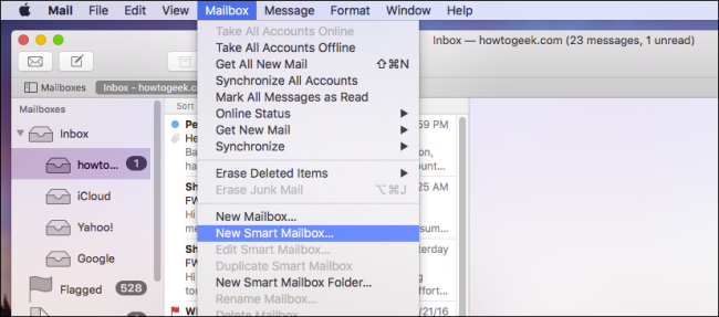 Меню для создания умного почтового ящика