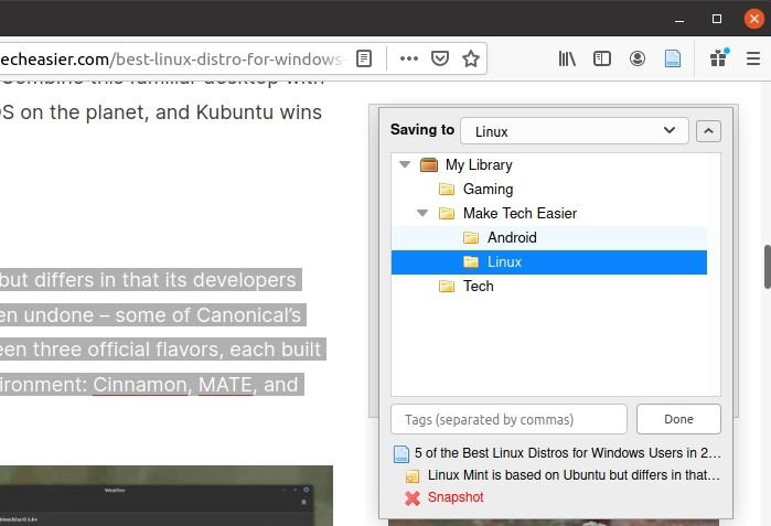 Сохранение элемента в выбранную подпапку коллекции
