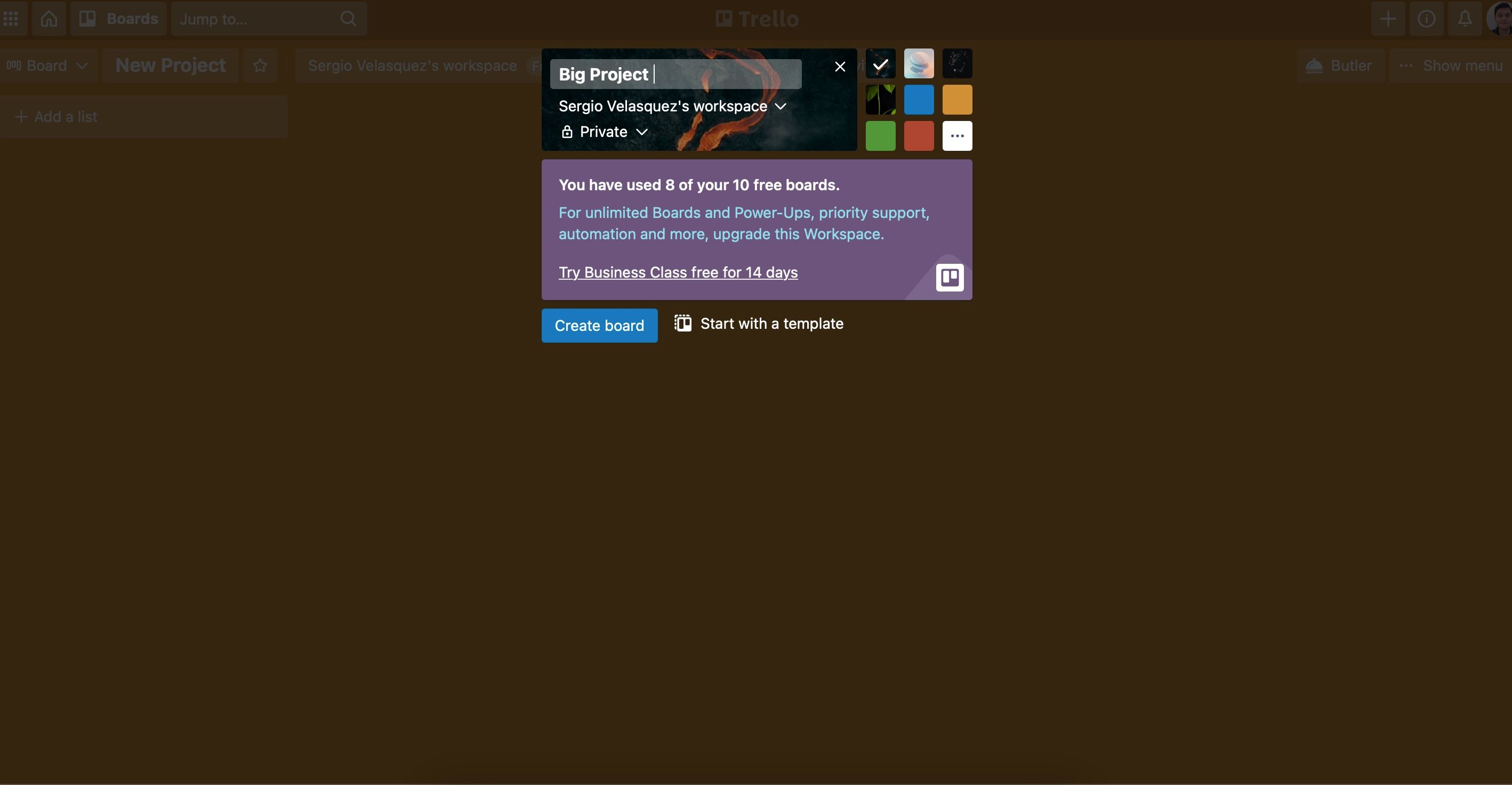 Экран создания доски Trello — выбор фона, названия и видимости