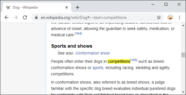 Скриншот: ссылка прокручивает страницу к определённому слову в Chrome