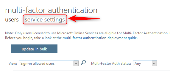 Вкладка «Параметры службы» на странице MFA