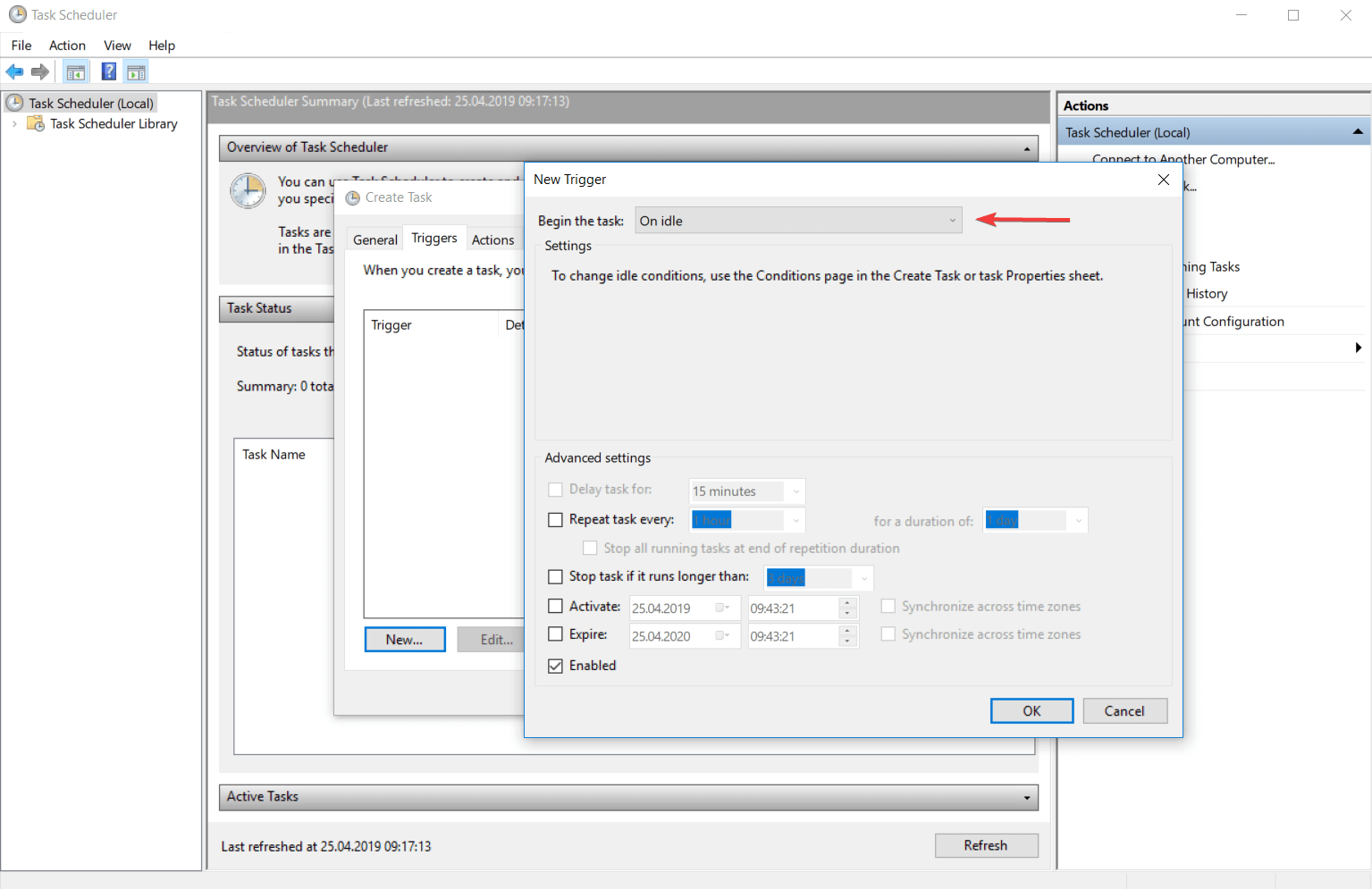 trigger on idle windows 10