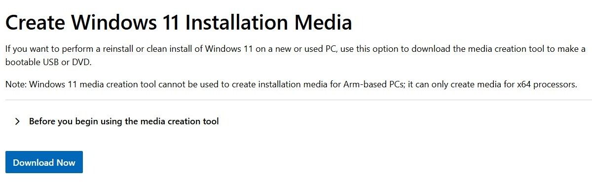 Страница загрузки Windows 11 Media Creation Tool