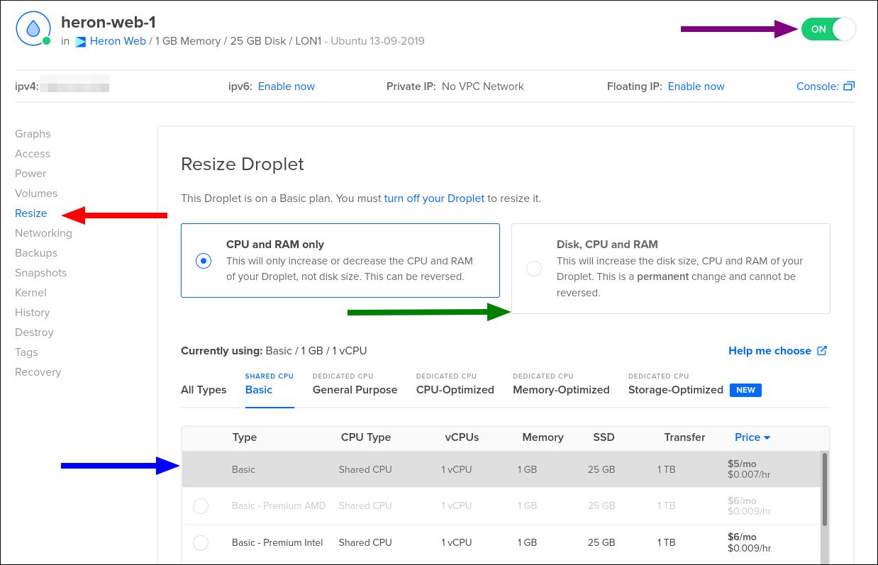 Скриншот страницы настройки изменения размера Droplet в панели DigitalOcean, с пометками кнопок
