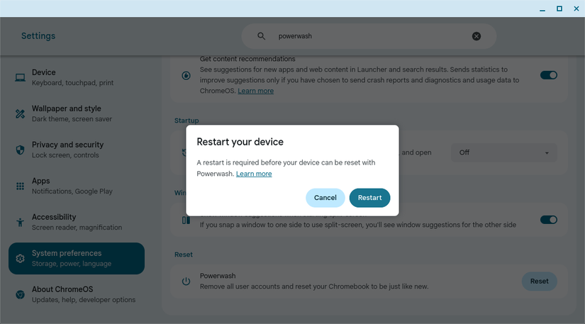 Подтверждение перезагрузки устройства перед выполнением Powerwash на Chromebook