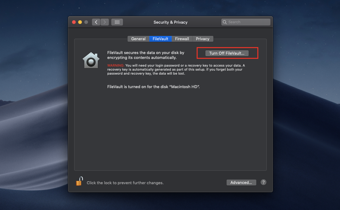 Отключение FileVault на Mac