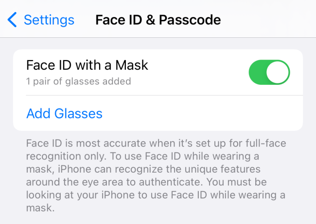 Состояние: Face ID с маской включён, добавлена одна пара очков