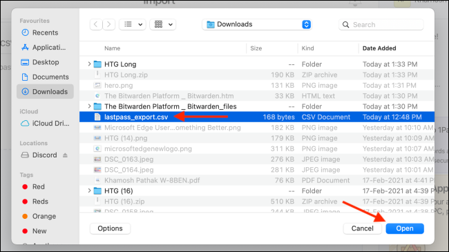 Выбор CSV-файла LastPass для импорта в 1Password