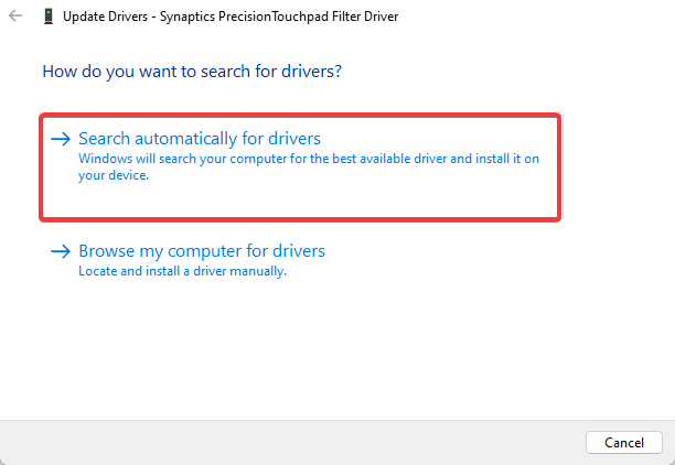 opzione per cercare automaticamente i driver aggiornati