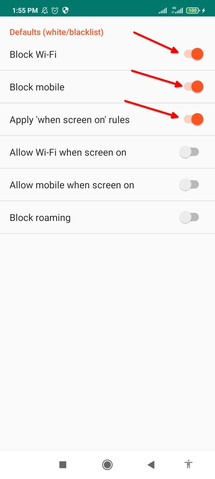 Глобальное включение блокировки Wi‑Fi и данных.